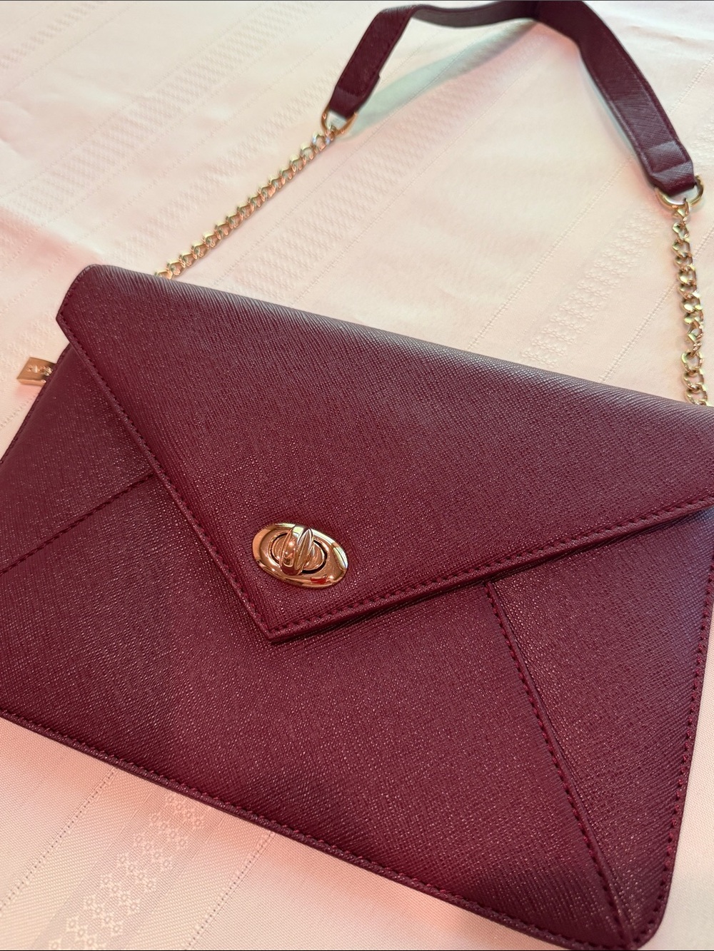 Sorial NewYork Burgundy Saffiano GoldTone TurnLock Chain Strap Envelope Clutch